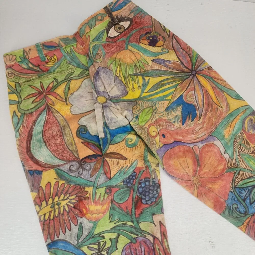 Vintage 1960s Hand Drawn Art Pants | Rare OOAK Hippie Boho Musician Folk Art Psy
